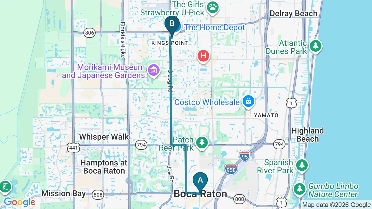 Driving directions map from Boca Raton, FL to Alter Chiropractic in Delray Beach