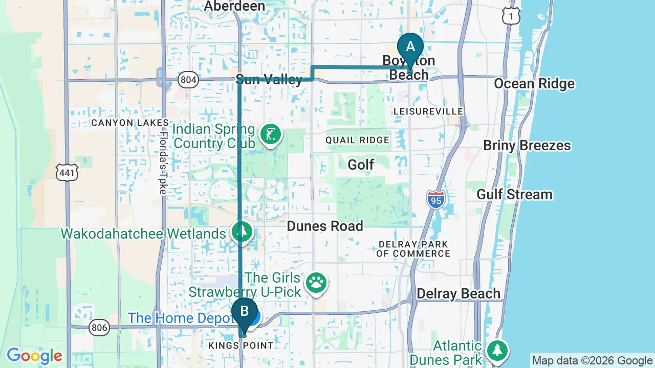 Driving directions map from Boynton Beach, FL to Alter Chiropractic in Delray Beach
