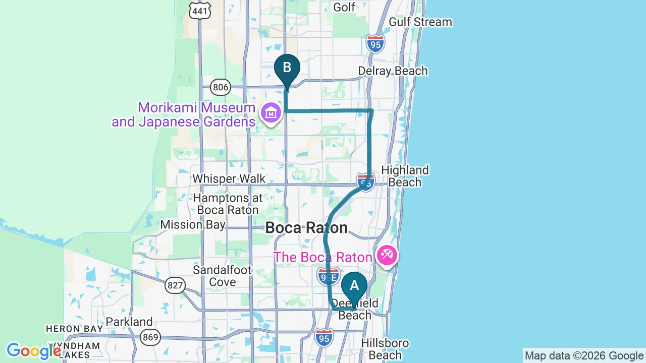 Driving directions map from Deerfield Beach, FL to Alter Chiropractic in Delray Beach