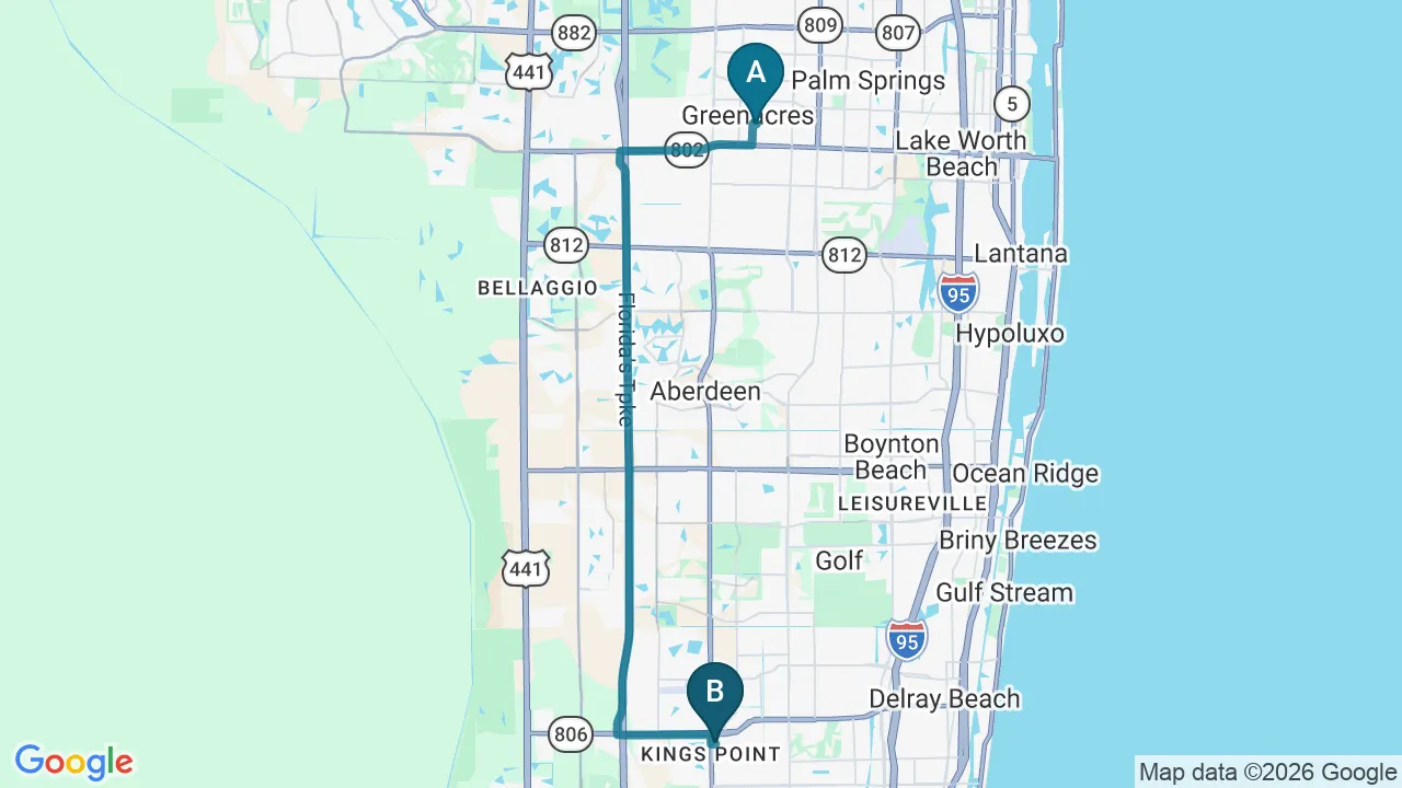 Driving directions map from Greenacres, FL to Alter Chiropractic in Delray Beach
