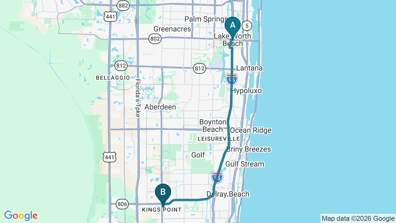 Driving directions map from Lake Worth, FL to Alter Chiropractic in Delray Beach