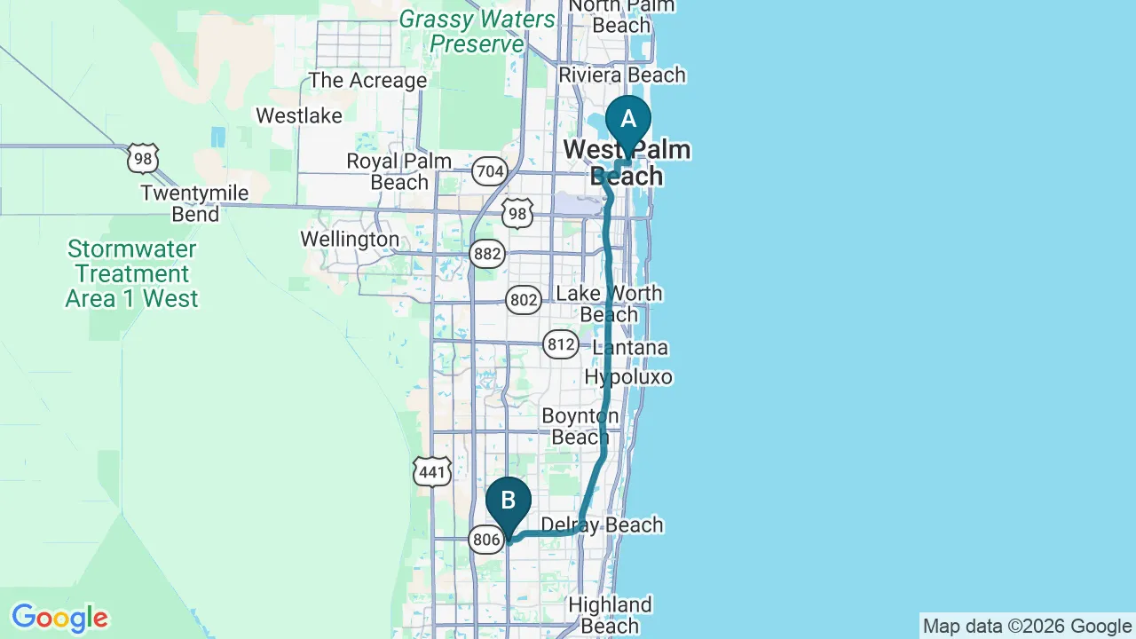 Driving directions map from West Palm Beach, FL to Alter Chiropractic in Delray Beach