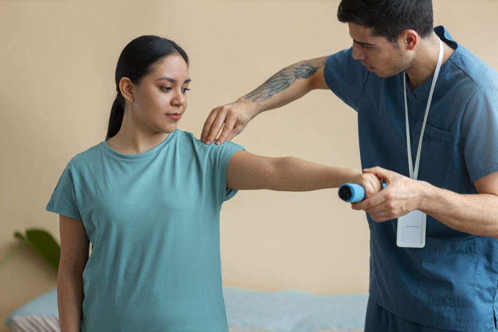 doctor treating patient arm pain
